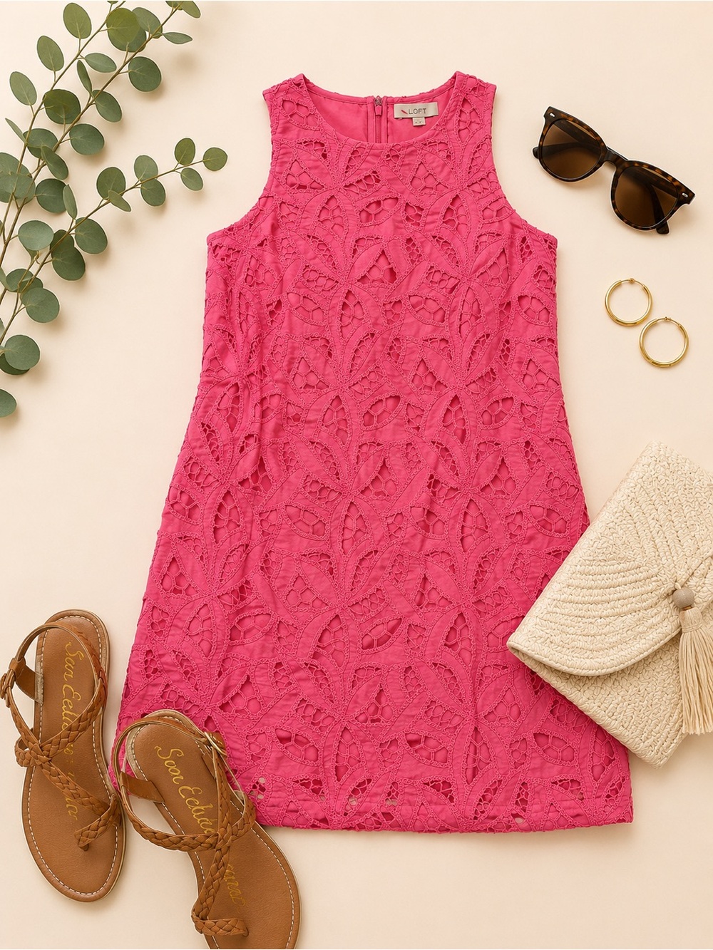 LOFT Pink Lace Shift Dress Size 8 Sleeveless Eyelet Crochet Mini